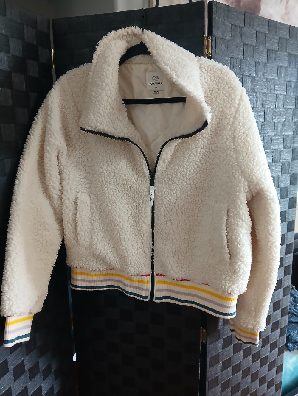 Ivory Ella Cream Sherpa Jacket with Striped Hem Preppy Cozy Athleisure Warm